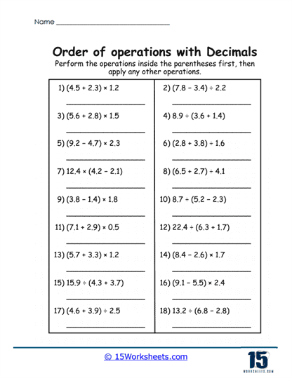 Order of Operations with Decimals Worksheets - 15 Worksheets.com