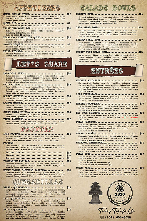 1810 Tacos y Tequila Menu