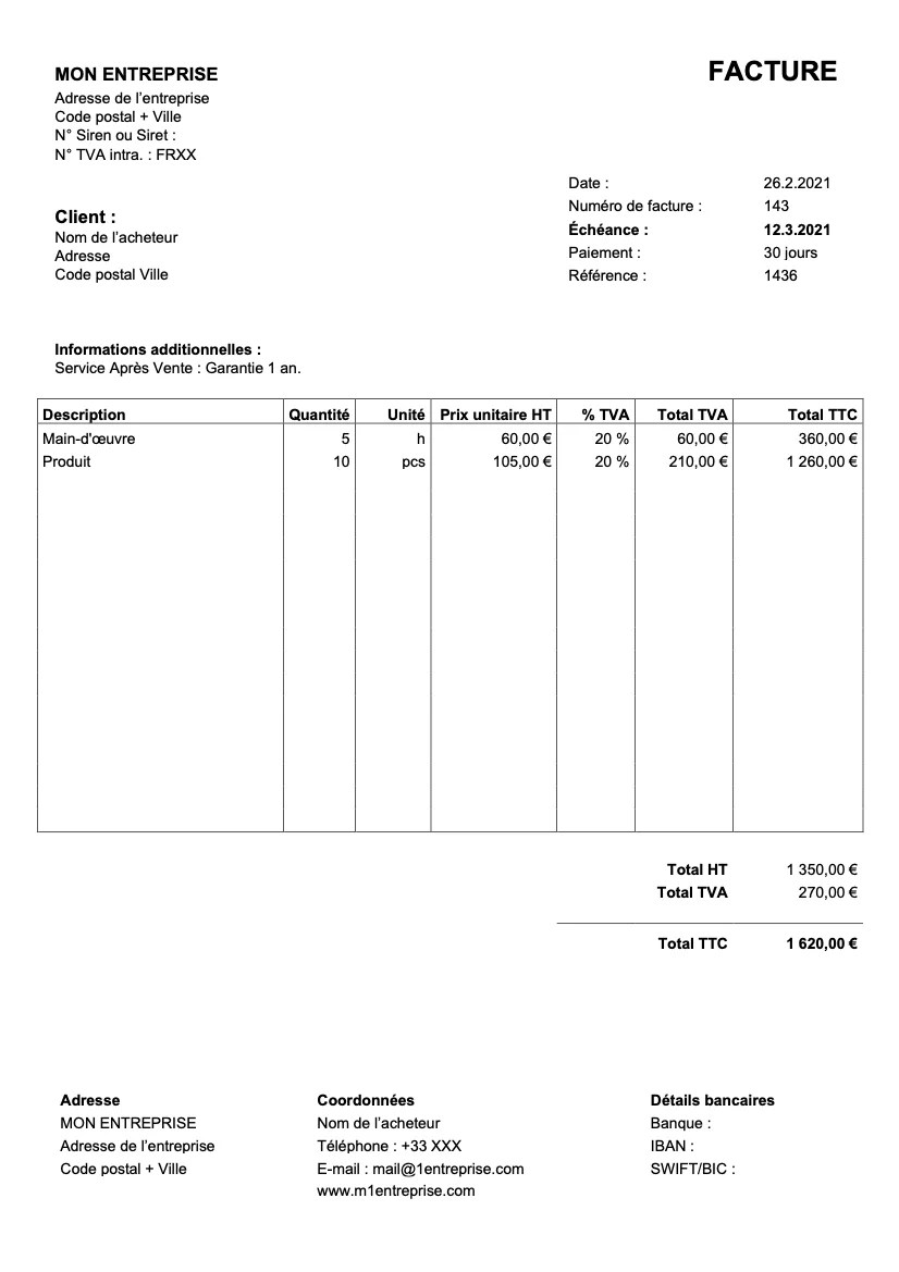 Facture Word a Télécharger 100 Gratuit Word/PDF