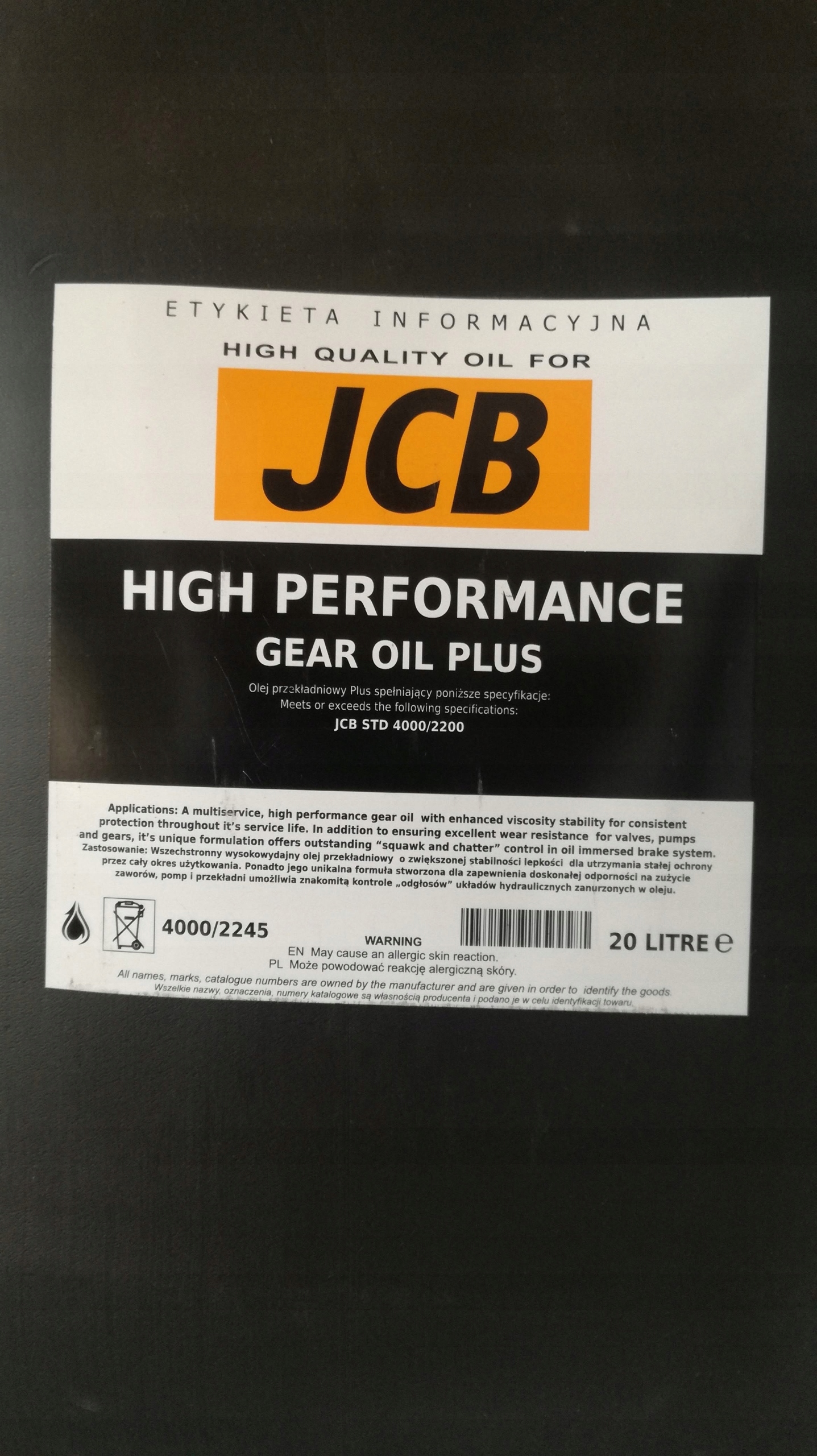 OLEJ MOST HP PLUS ORG 20 Ltr JCB 3CX 4CX inne 7531660604 oficjalne