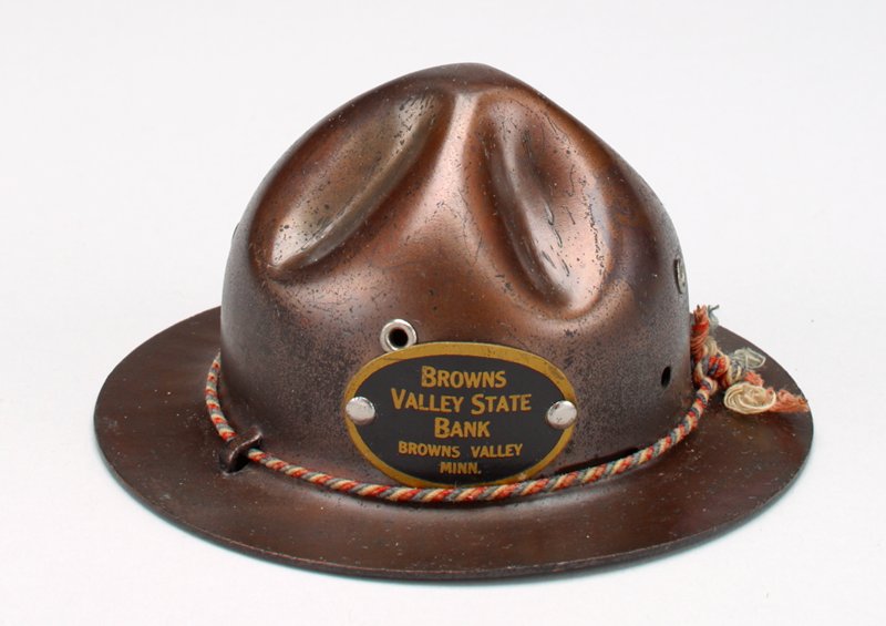 "Browns Valley State Bank (hat)" still bank, Stronghart Co. Mia