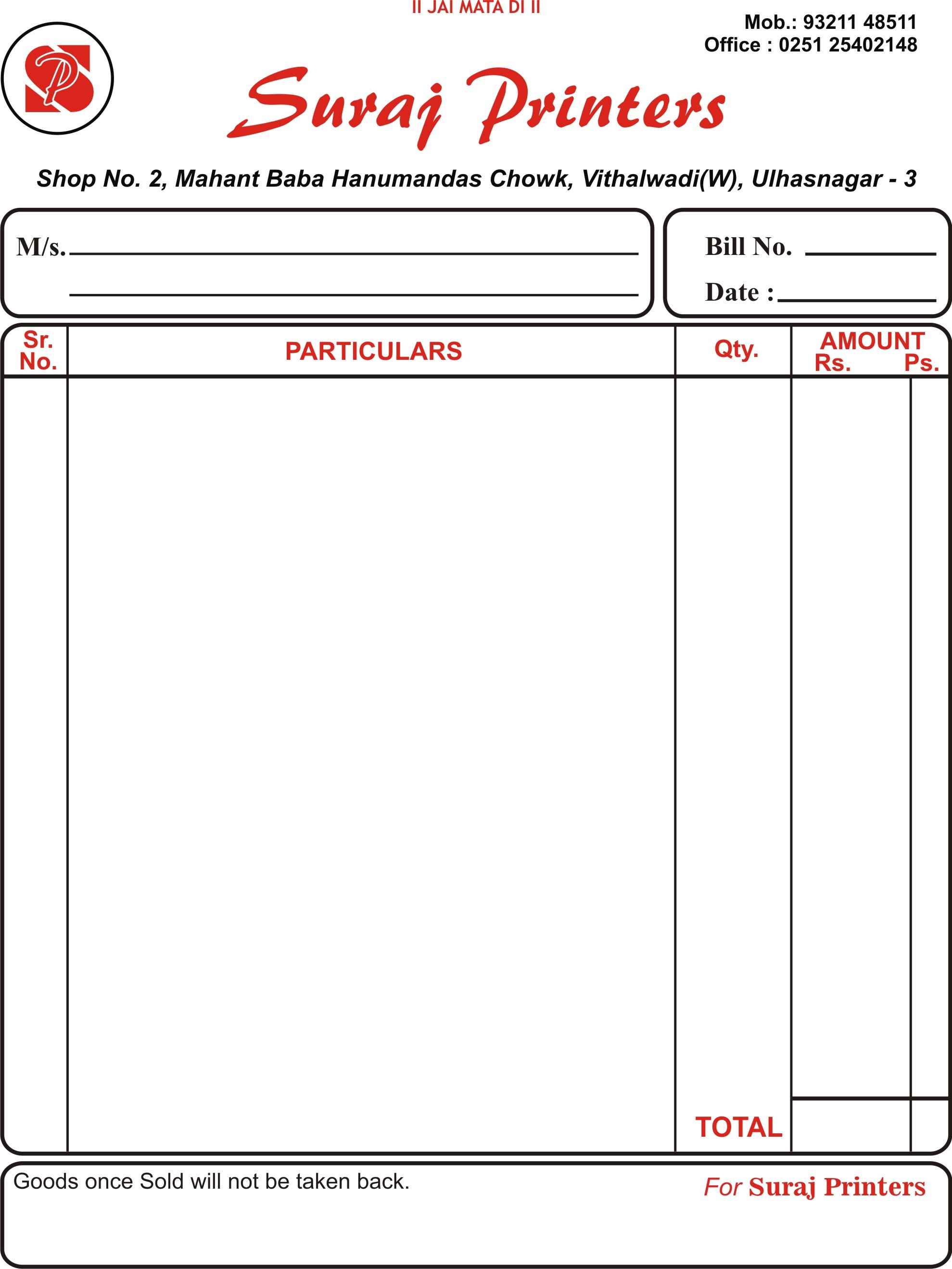 Bill Book, इनवॉइस बुक in Vithalwadi, Thane , Suraj Printers ID