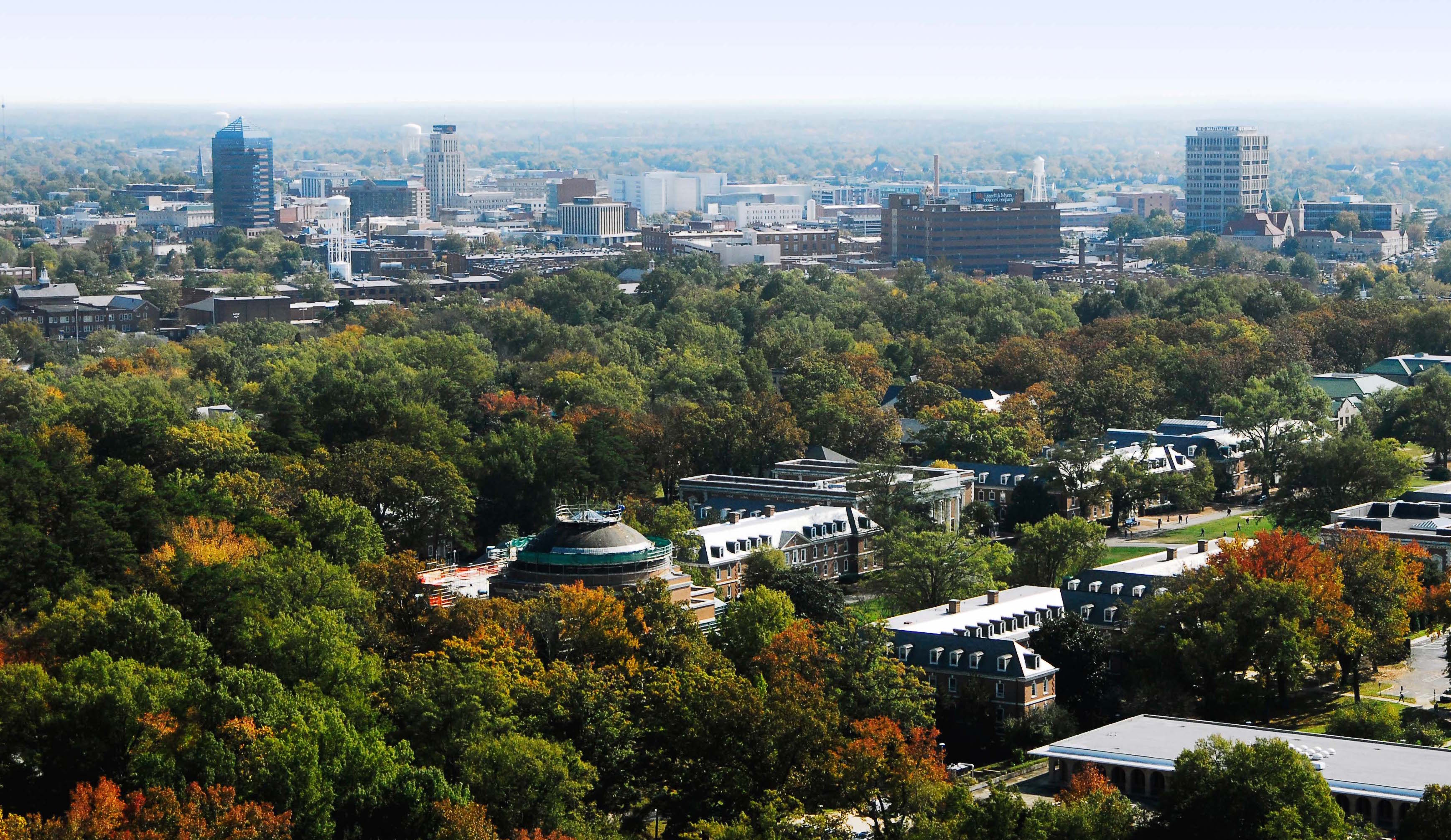 Aerial Downtown Durham skyline from Duke University’s East Campus