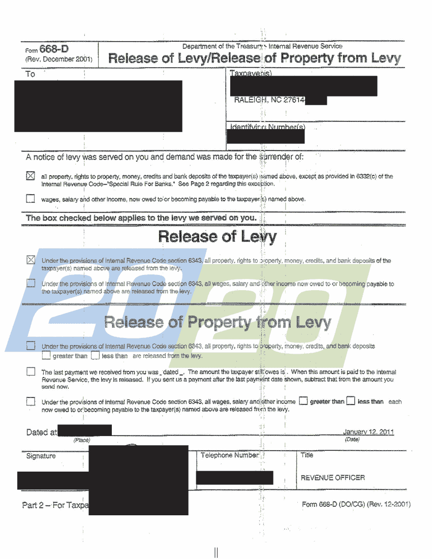 IRS Released Levy in Raleigh, NC 20/20 Tax Resolution