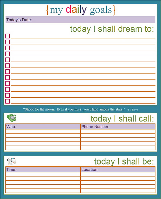 FREE Daily Goal Printable Sheets 24/7 Moms