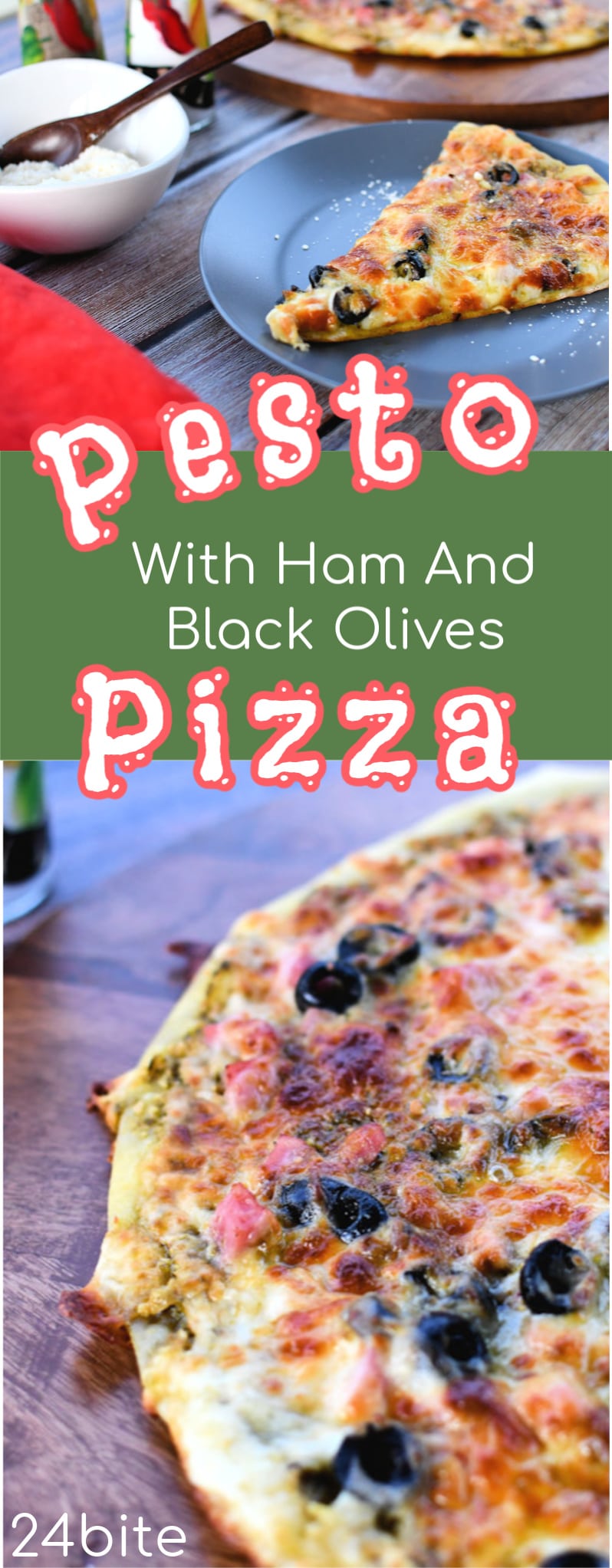 Pesto Pizza With Ham and Black Olives 24Bite® Recipes