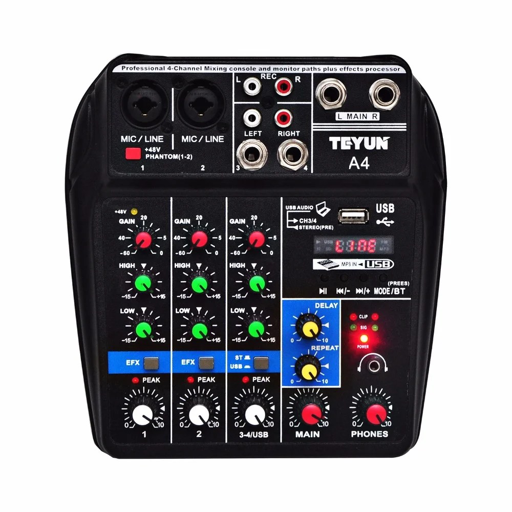 A4 Multipurpose Audio Mixer with Bluetooth Record 4 Channels Input Mic