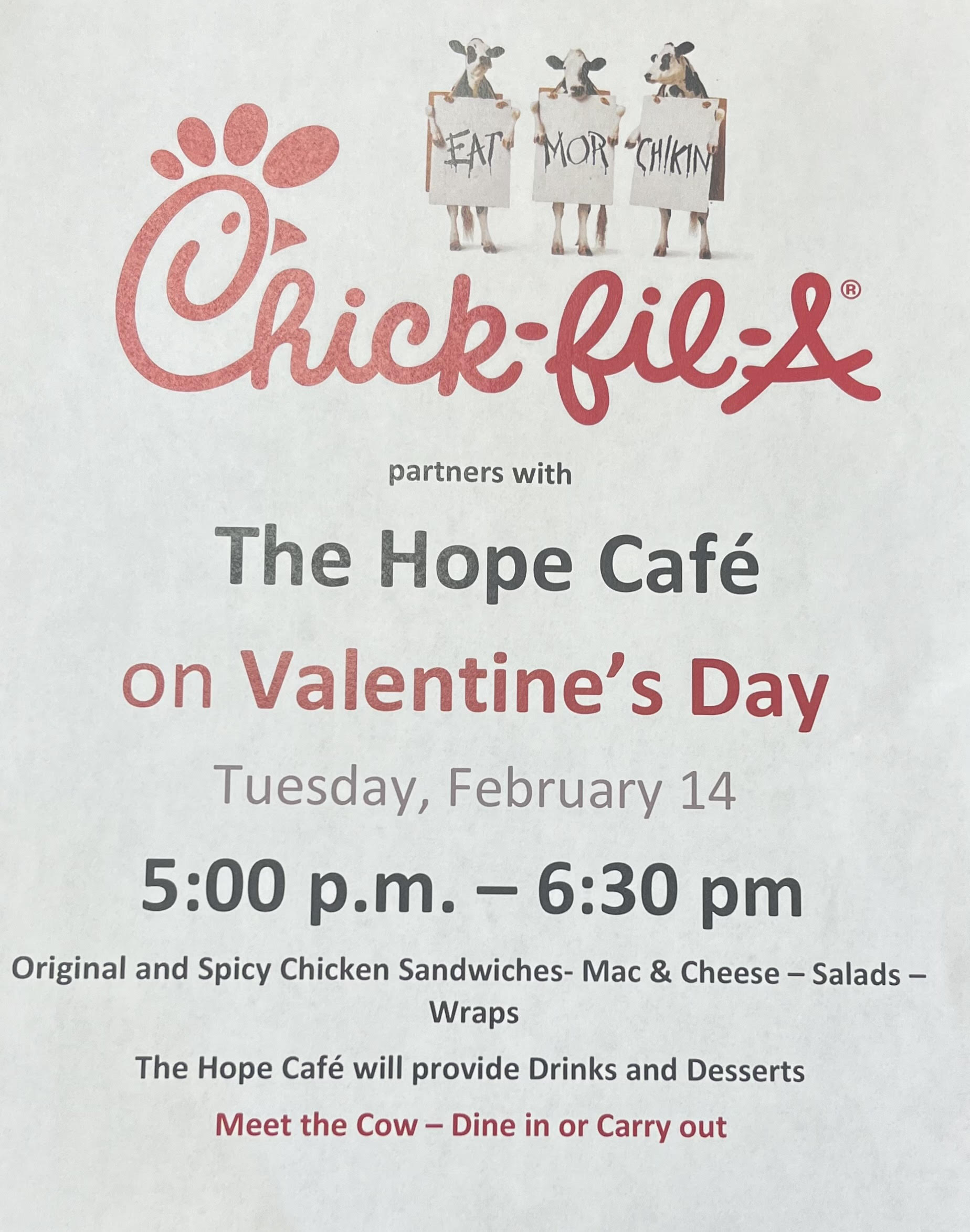ChickFilA at the Hope Café on Valentine’s Day (517) 278SAFE BCCADSV