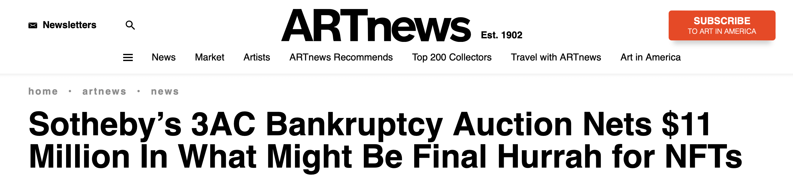 Que se passe-t-il avec les NFT aujourd'hui ? Le titre d'un article sur les NFT dans ARTnews. Que se passe-t-il avec les NFT aujourd'hui ? Le titre d'un article sur les NFT dans ARTnews. Photo.