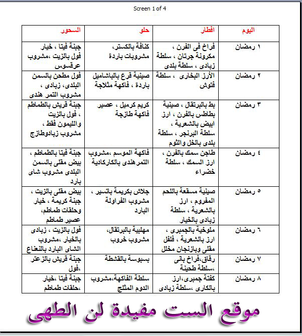 جدول تنظيم وجبات شهر رمضان فطار وسحور
