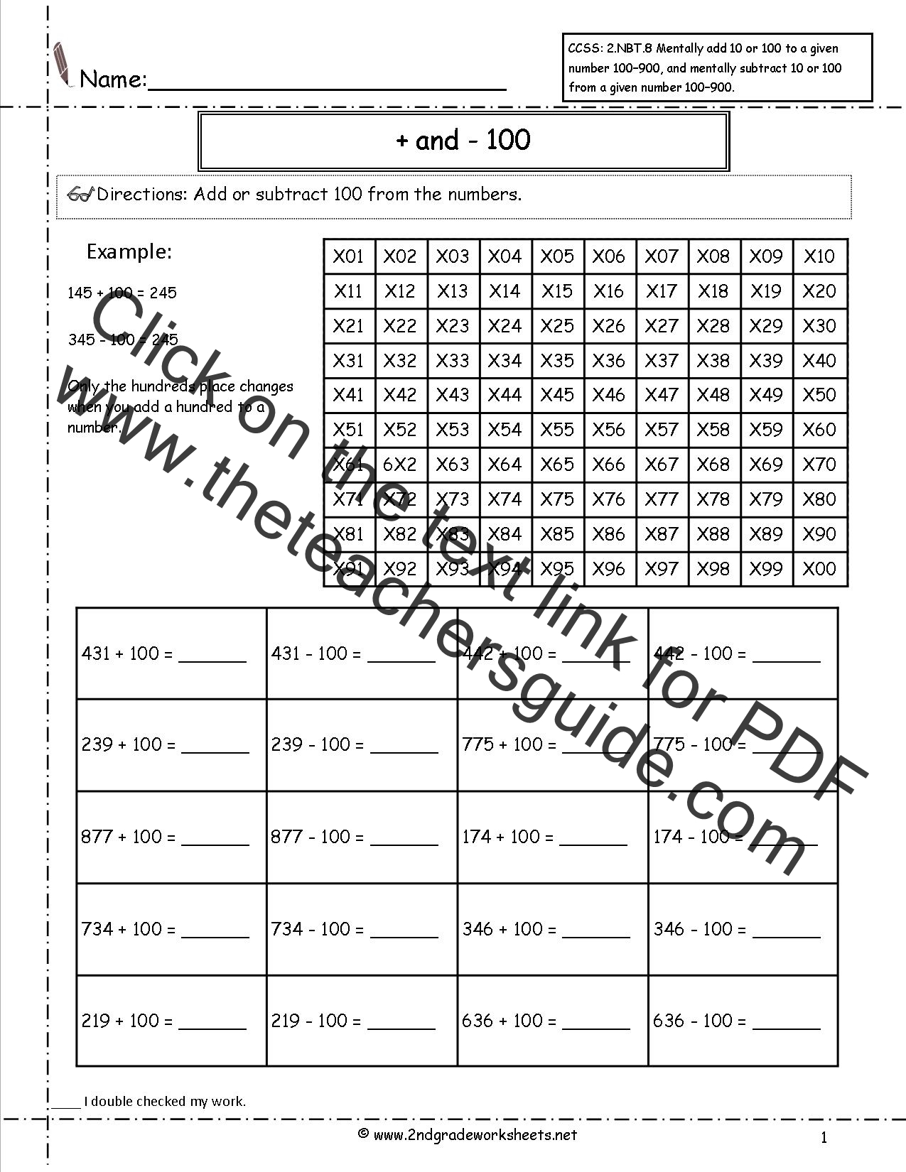 CCSS 2.NBT.8 Worksheets, Adding and Subtracting 10 and 100 From a Given