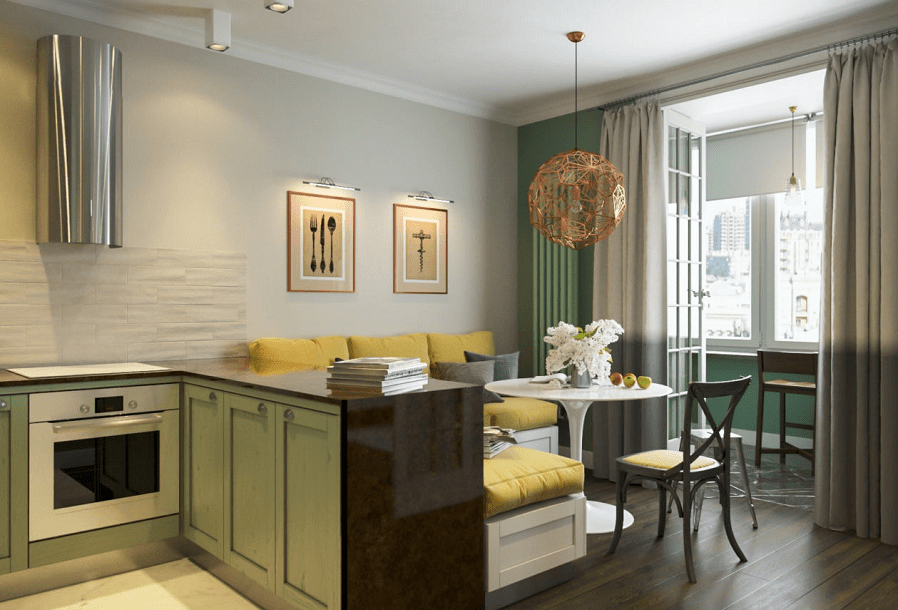 غرفة معيشة مطبخ 15 متر مربع الحبوب الخشبية الحديثة