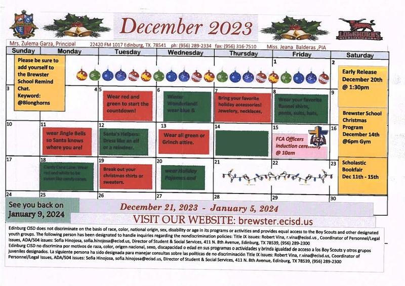 December Calendar of Events Brewster School