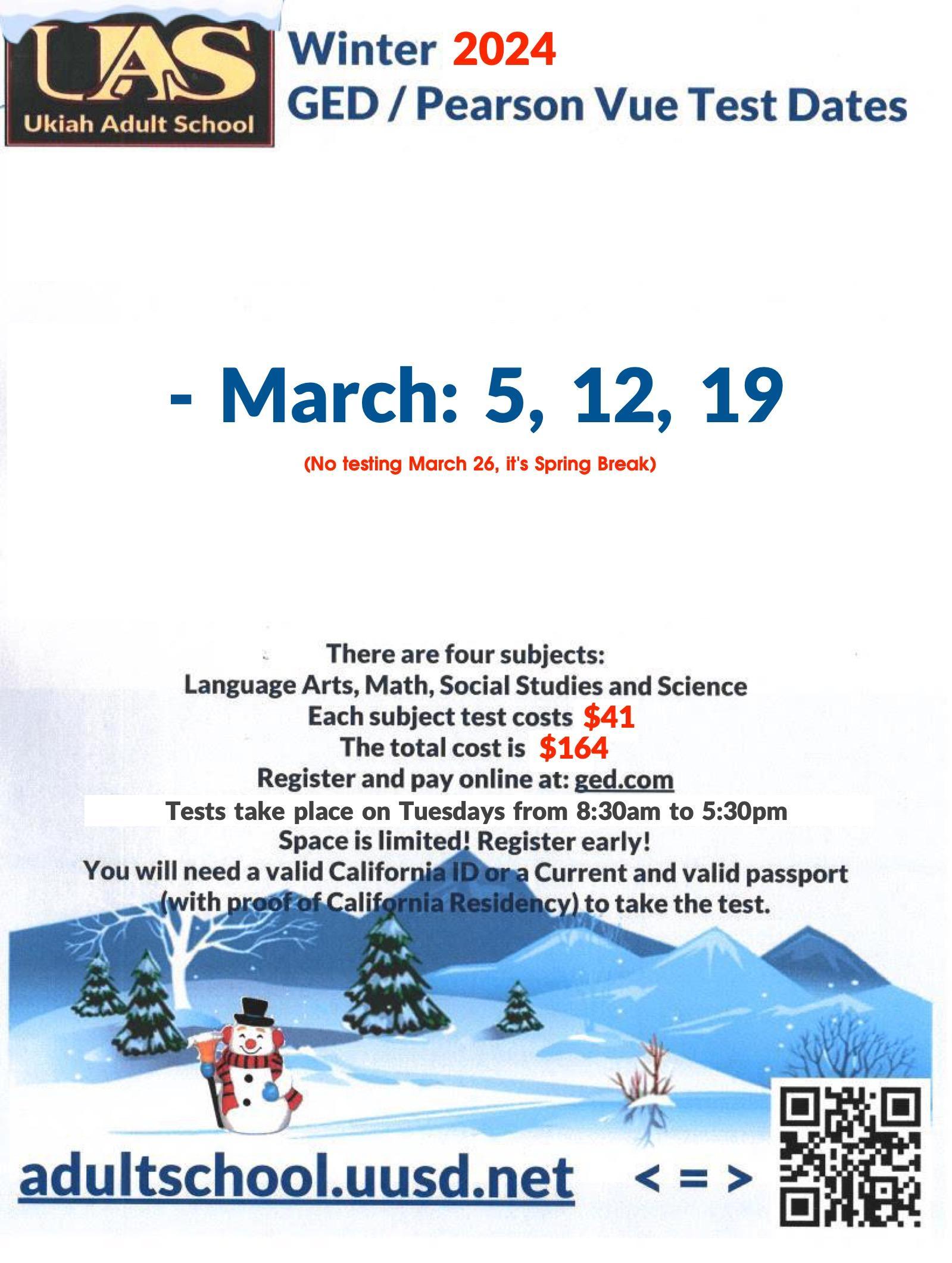 Ukiah Adult School is an official Pearson Vue Testing Center (GED