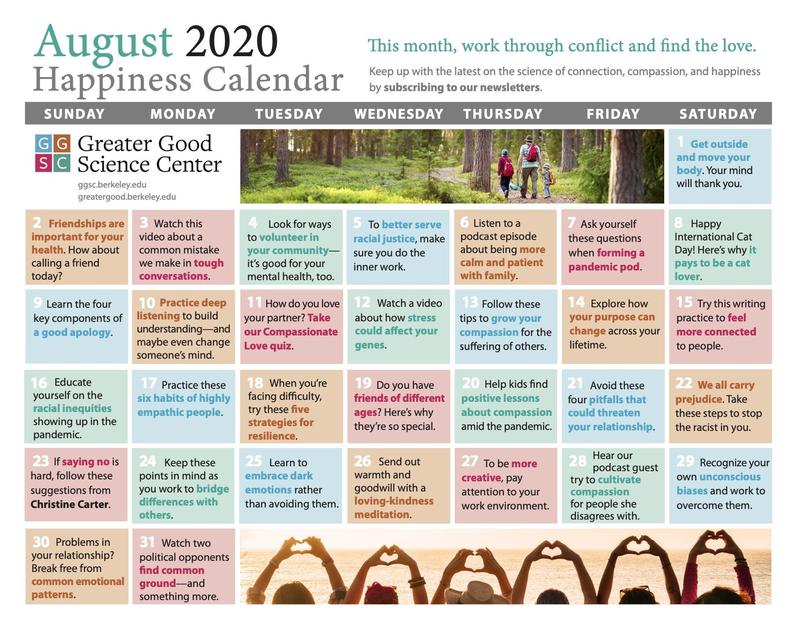 August 2020 Happiness Calendar San Carlos School District