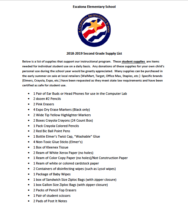 2nd Grade Supply LIst 20182019 2nd Grade Escalona Elementary School