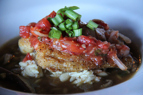 Maple Glazed Pan Seared Tripletail with Tomato Relish in a Mushroom