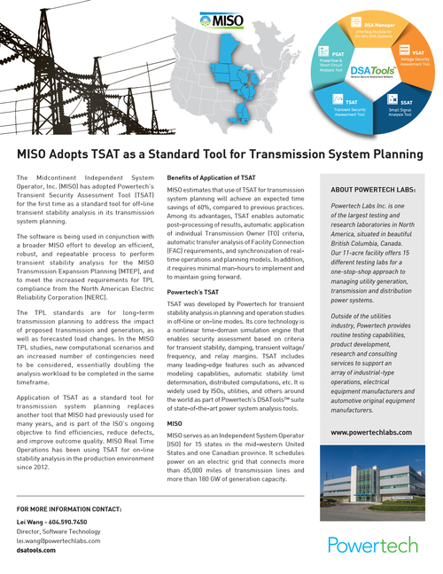 MISO ADOPTS TSAT AS A STANDARD TOOL FOR TRANSMISSION SYSTEM PLANNING Powertech Labs