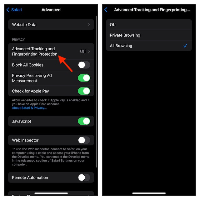 Enable Safari “Advanced Tracking and Fingerprinting Protection” in iOS 17