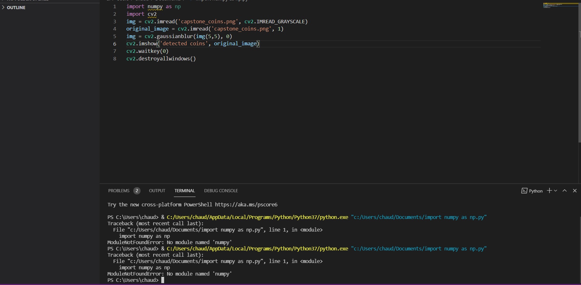 module not found errorno module named numpy even after importing