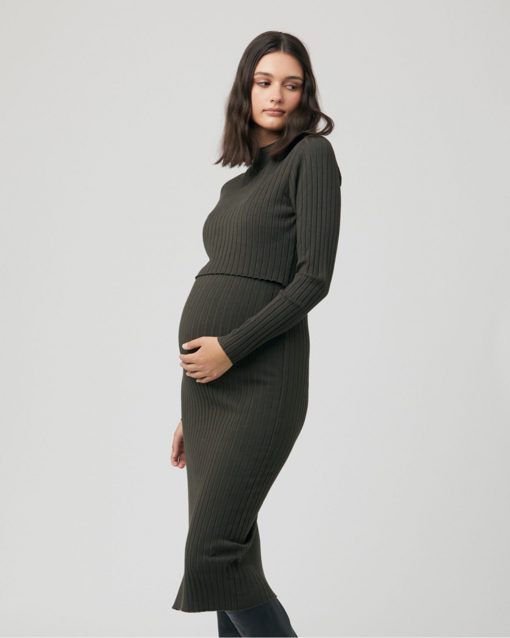 Nella Rib Maternity & Nursing Knit Dress Olive 3 Bears