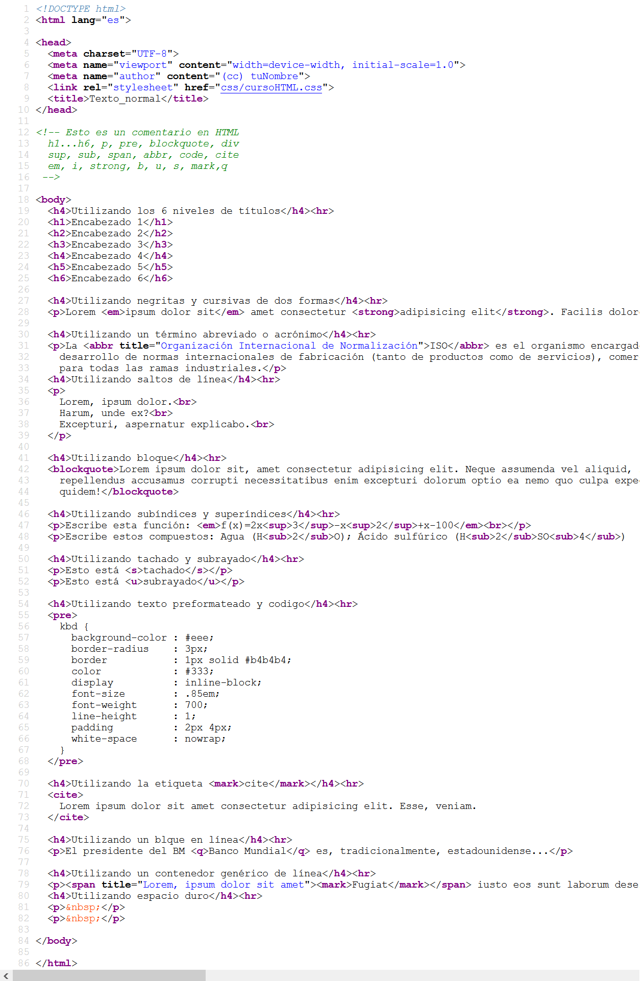 HTML Code Ejercicio 2 Otras etiquetas de texto