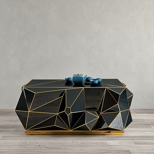 Geometric Black Glass and Brass Coffee Table 3d model