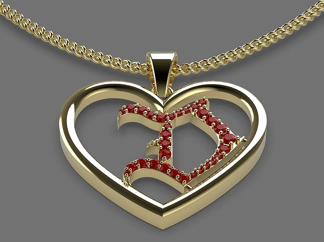 Heart letter D pendant silver gold printable jewelry 3D model 3D