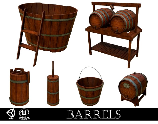 set of 6 medieval wooden barrels and buckets 3d model