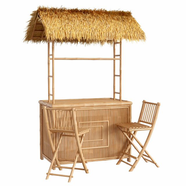 palapa roof tiki bar with bamboo chairs 3d model