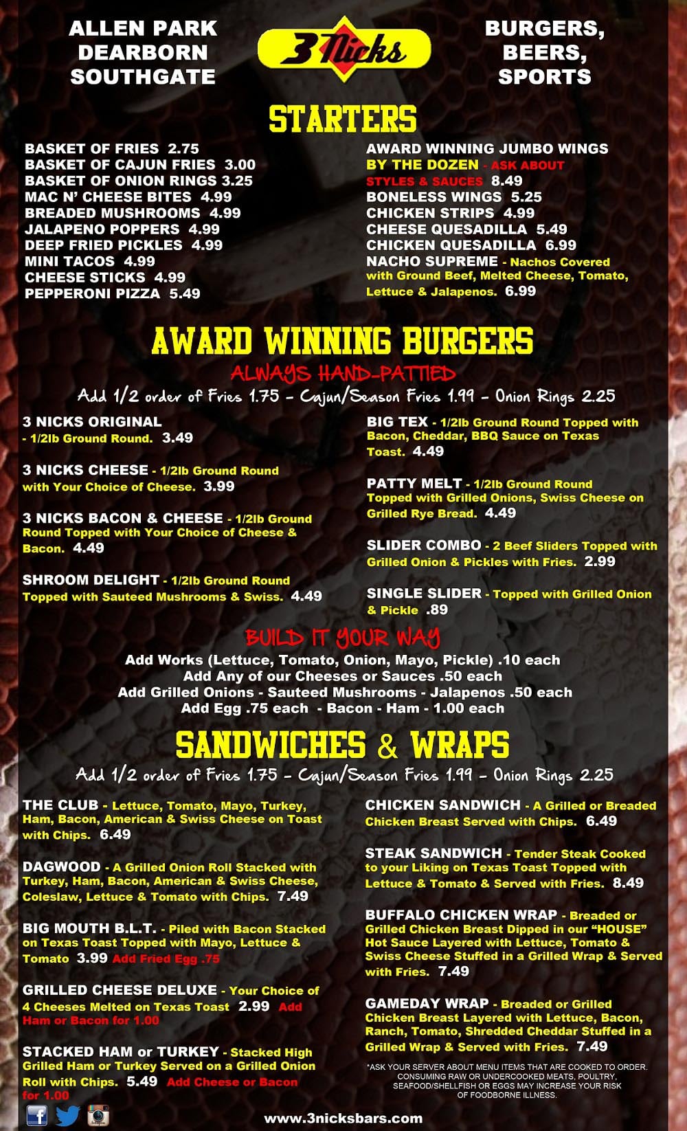 MENUS 3 Nicks Bars Scoreboard, Tap Room, Sports Bar 3135638349
