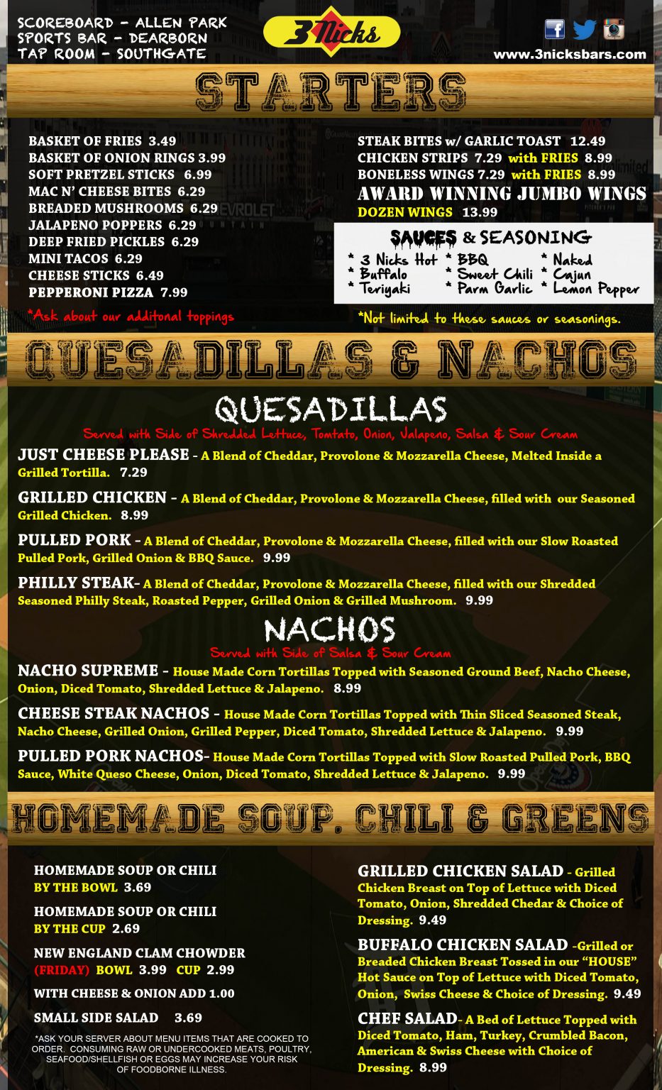 MENUS 3 Nicks Bars Scoreboard, Tap Room, Sports Bar 3135638349