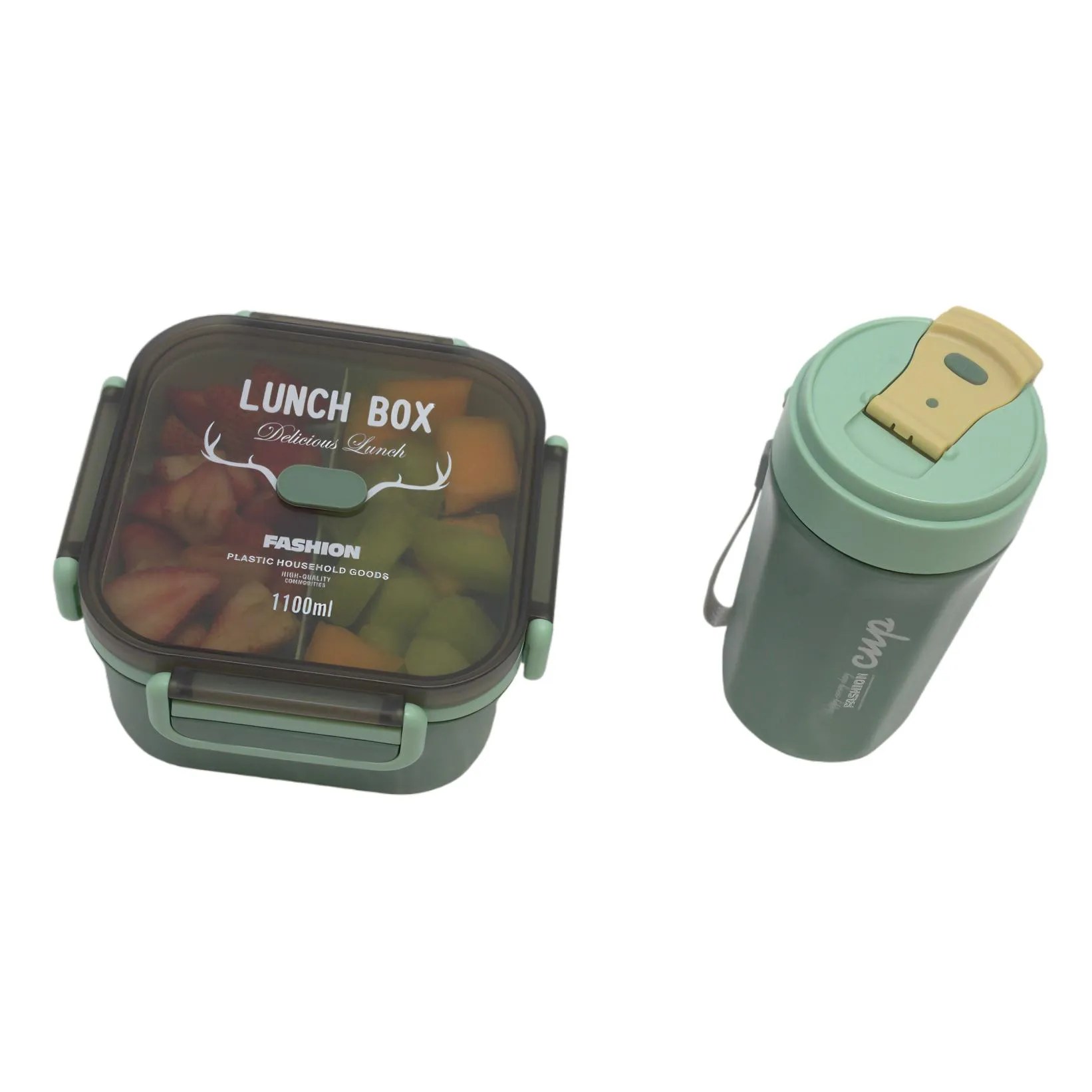 Green Squared 1100ml Lunchbox Container Double Layer and Travel Coffee