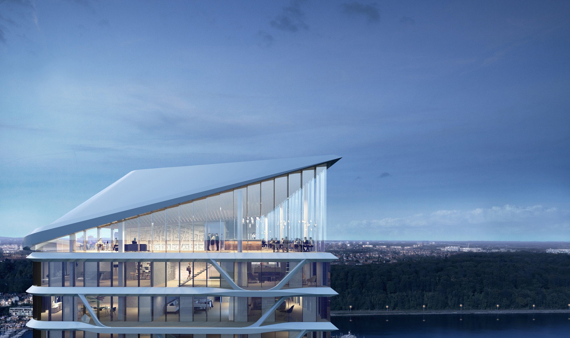 A sky bar at the top of the tower building affords public access to the