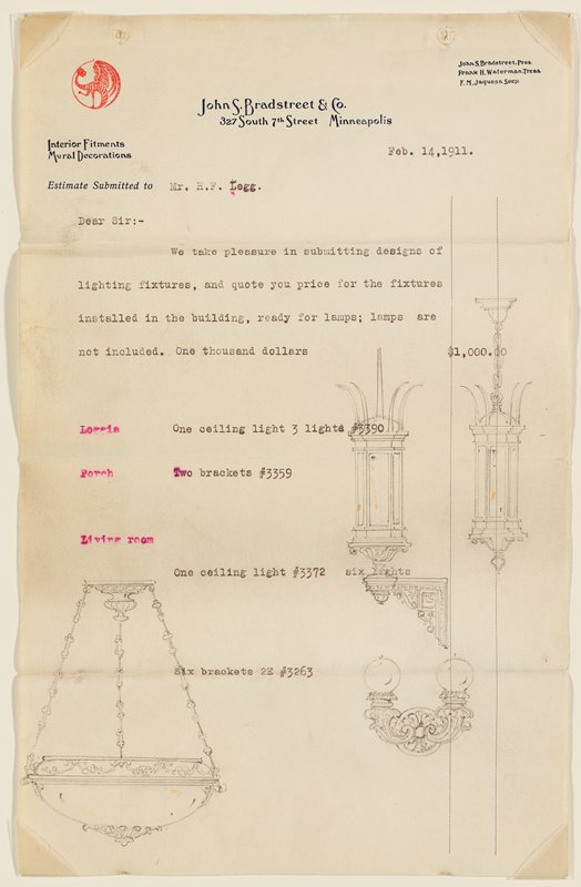 Page 1 of Proposal for Lighting Fixtures, John S. Bradstreet and