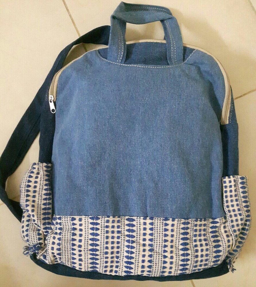 Cotton Fabric Blue Denim Backpack, Size 15"" at Rs 400/bag in