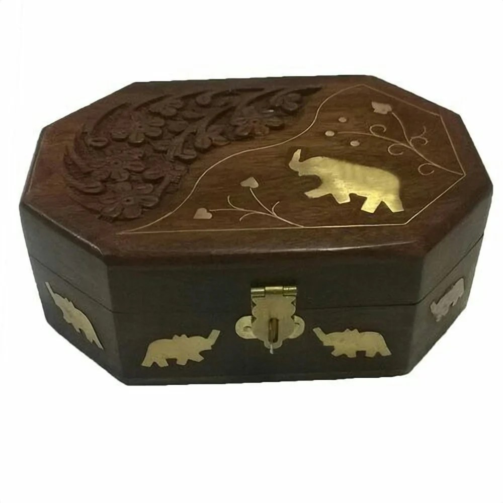 Brown Carving Sheesham Wooden Jewelry Box Elephant Design, For Home at