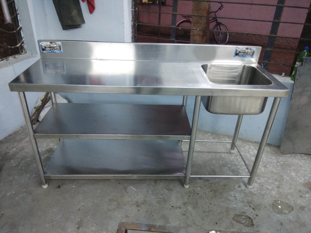 Polished Stainless Steel Sink Table With Shelf, Sink Shape Rectangular