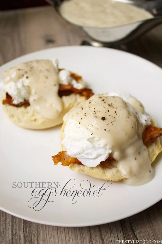Southern Eggs Benedict with Biscuits, Bacon, and Gravy 40 Aprons