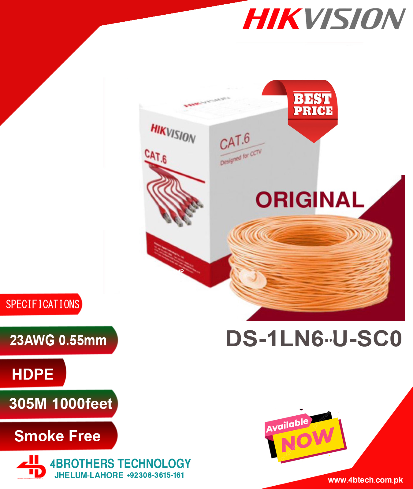 HIKVISION 1LN6USCO 23 AWG 0.55MM BAR COPPER CAT6 UTP CABLE