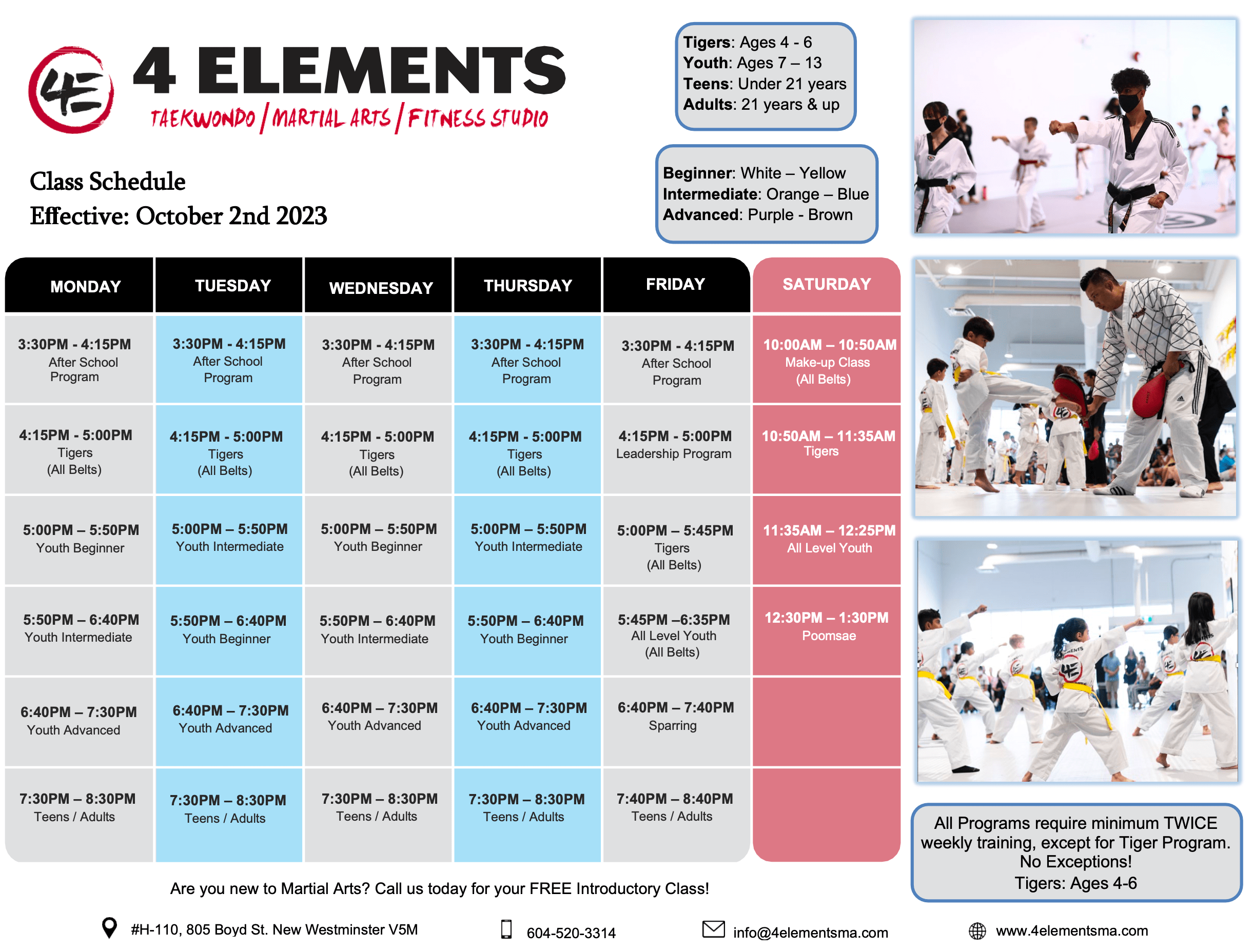 Schedule 4 Elements Martial Arts