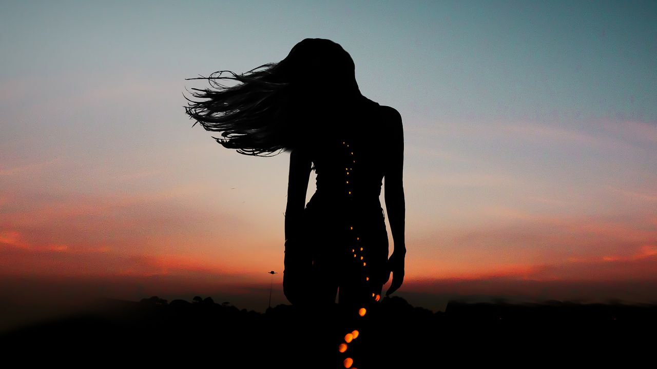 Girl 4K Wallpaper, Silhouette, Mood, Bokeh, Evening sky, Dusk