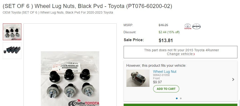 Conflicting information regarding PT076-60200-02 black lug nuts