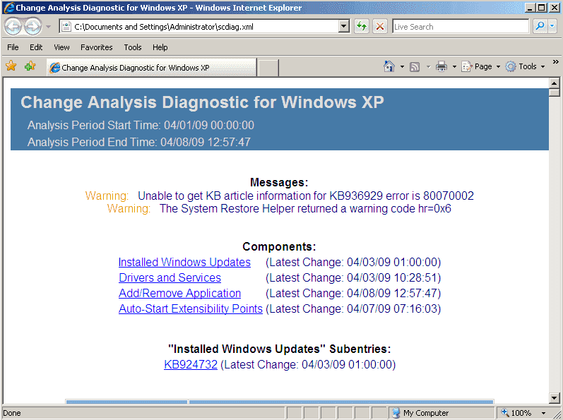 FREE Change Analysis Diagnostic Tool for Windows XP 4sysops