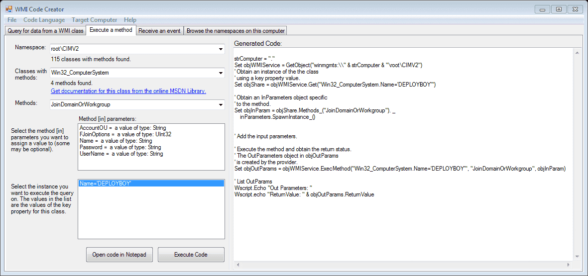 FREE WMI Code creator Generate VBScript, C, and