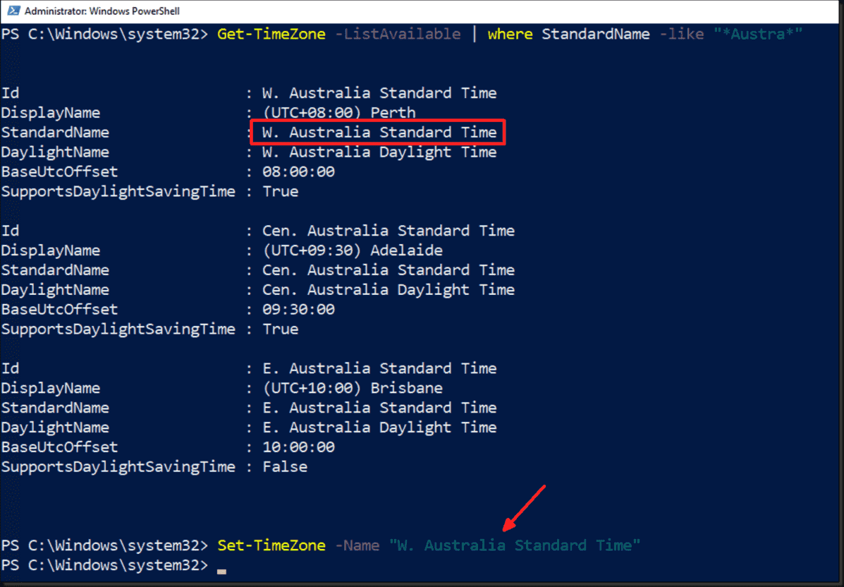 Error changing time zone in Windows Server 2019 Use the command line
