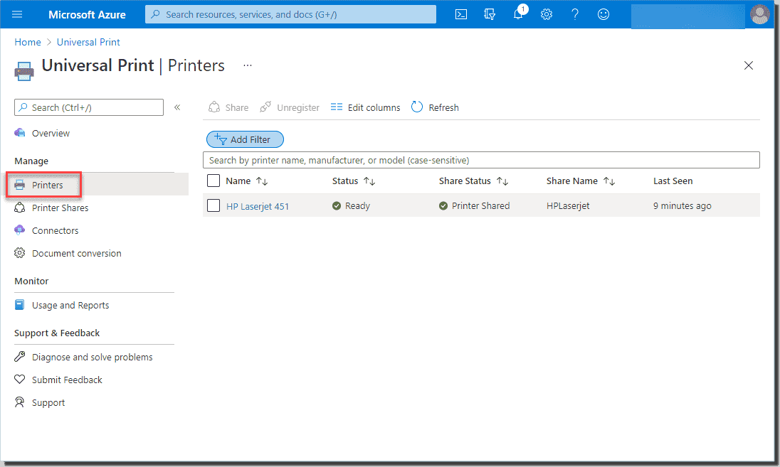 Microsoft Universal Print Installing the connector, setting up the
