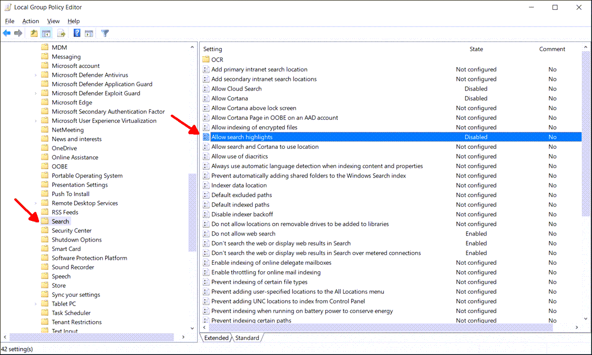 Deactivating search highlights in Windows 10/11 using Group Policy