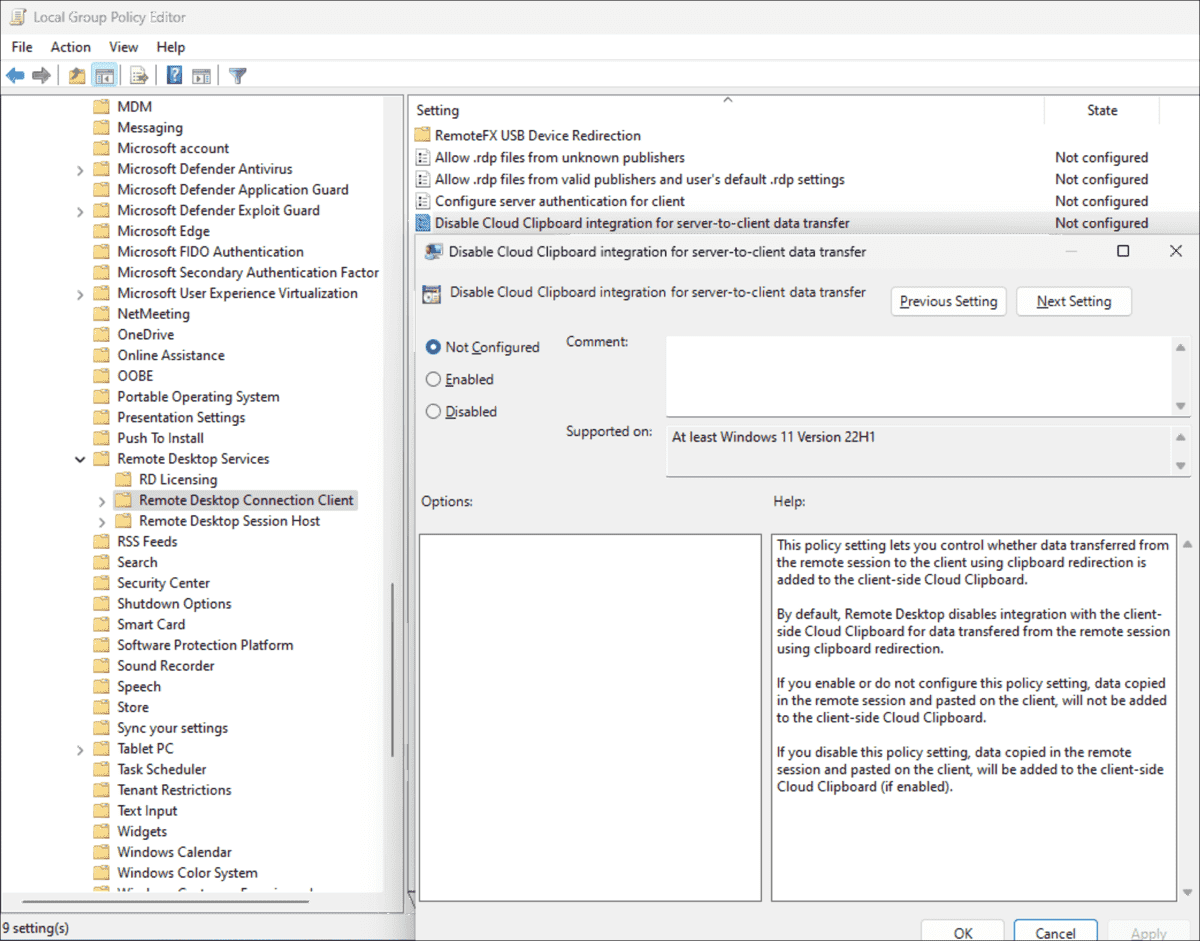 Configuring the cloud clipboard in Windows 10/11 with Group Policy and