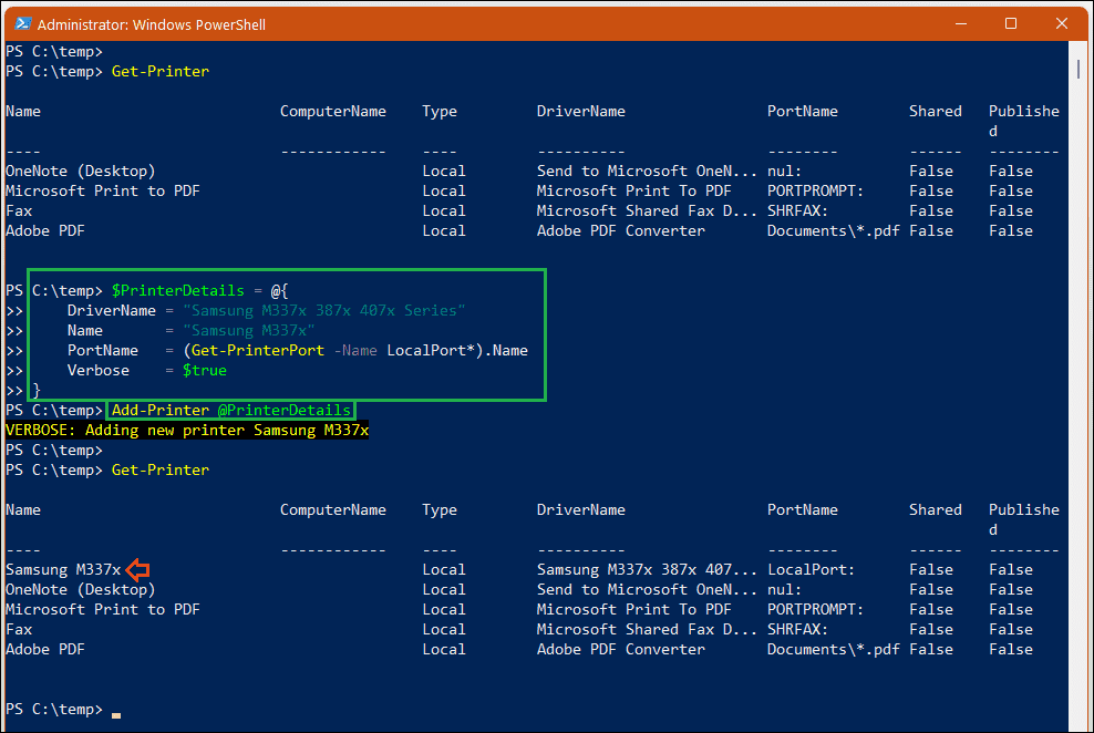 Install, remove, list, and set default printer with PowerShell 4sysops